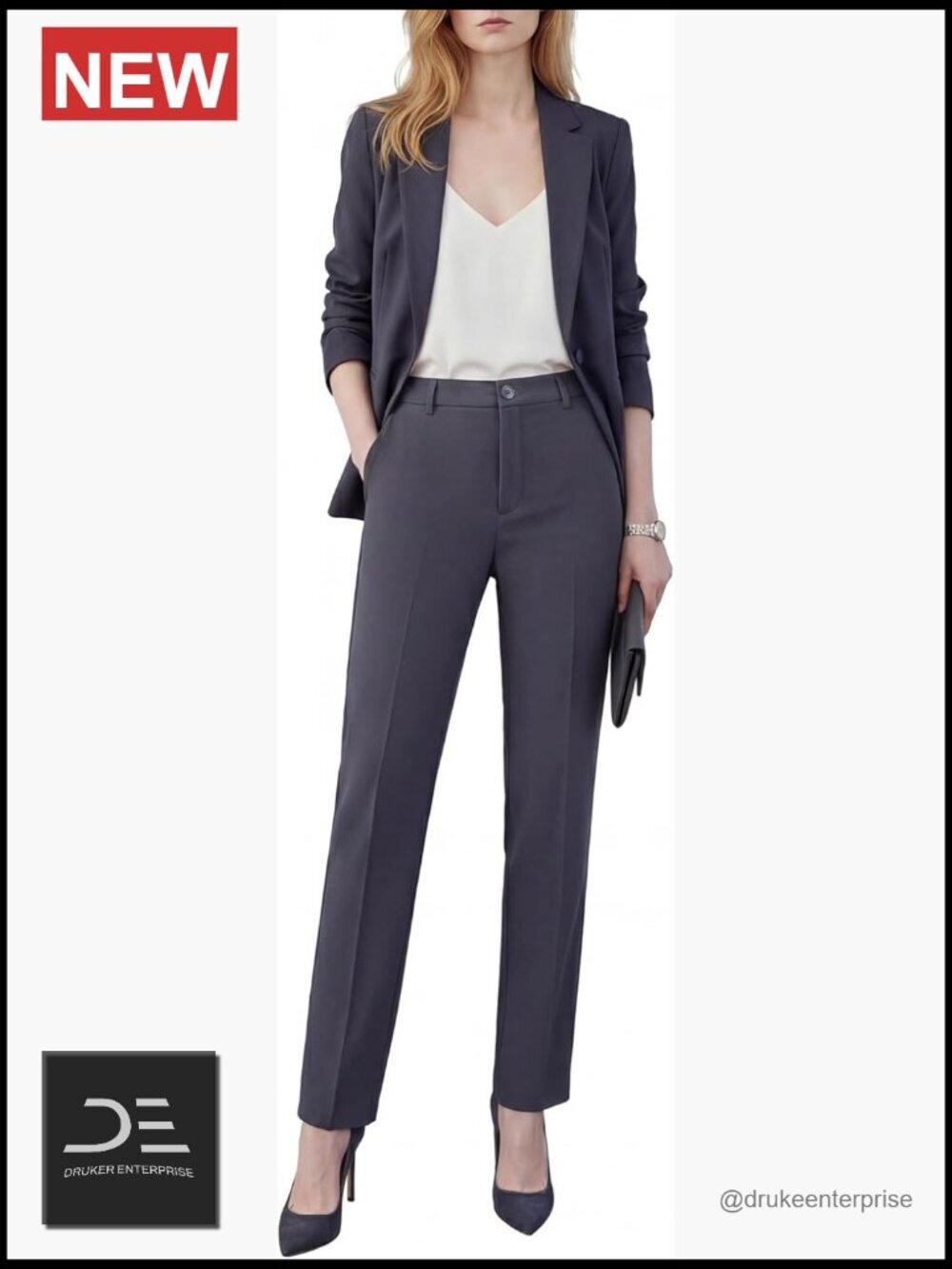 Wrinkle-Free 2-Piece Pantsuit Set Blazer & Matching Pants with Pockets Business